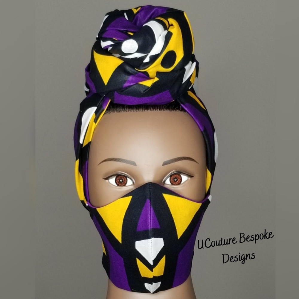 100% cotton Full headwrap and mask set